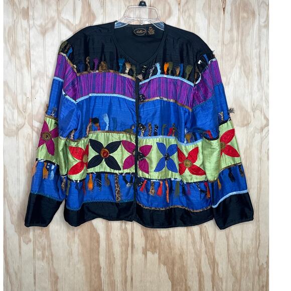 Allure Vintage Rare Unique Silk Jacket Frayed Ribbon Accents Detail Size 2X - Picture 2 of 8